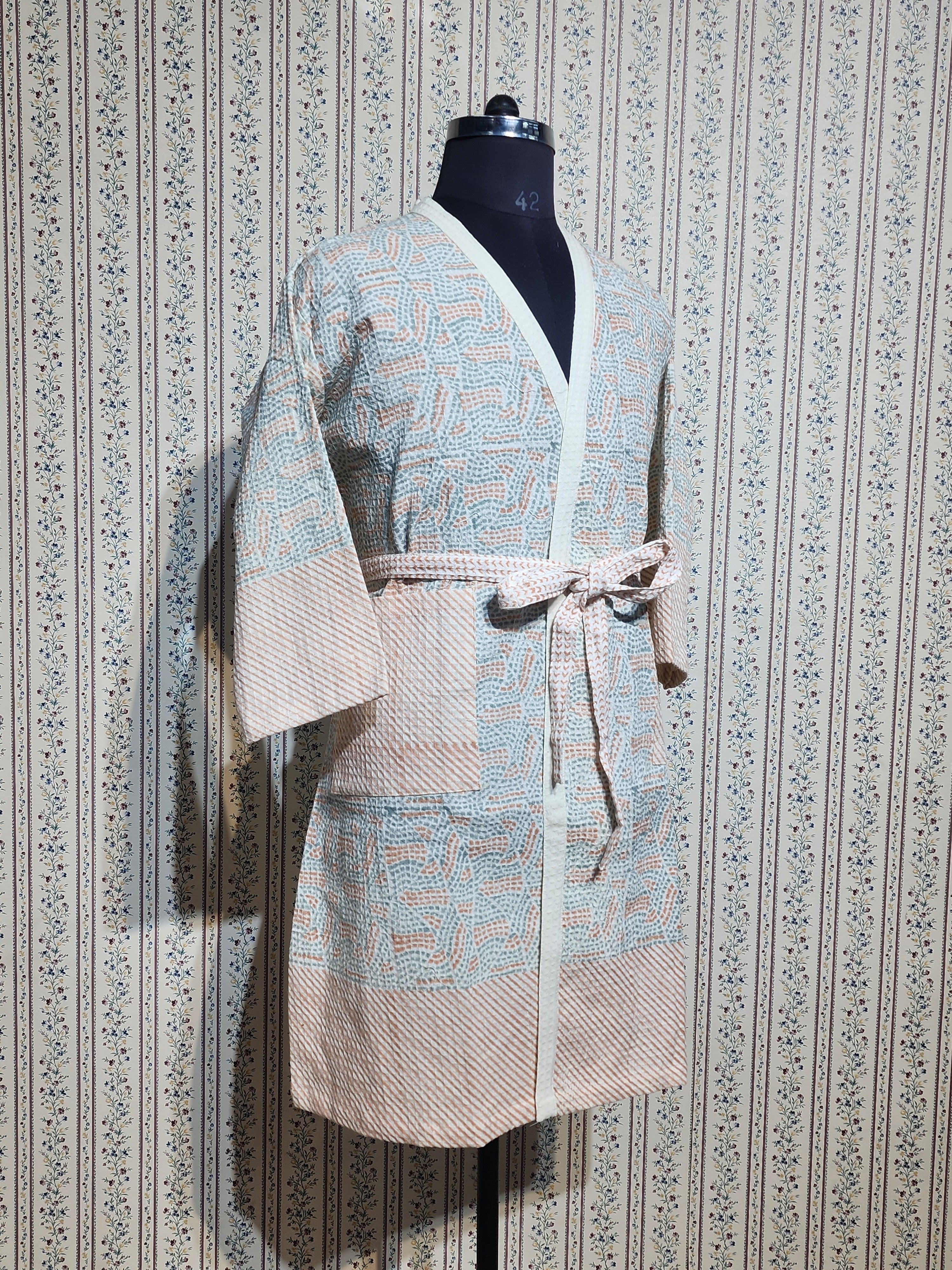 Waffle Cotton Handblock Printed Unisex Bathrobe - Free Size