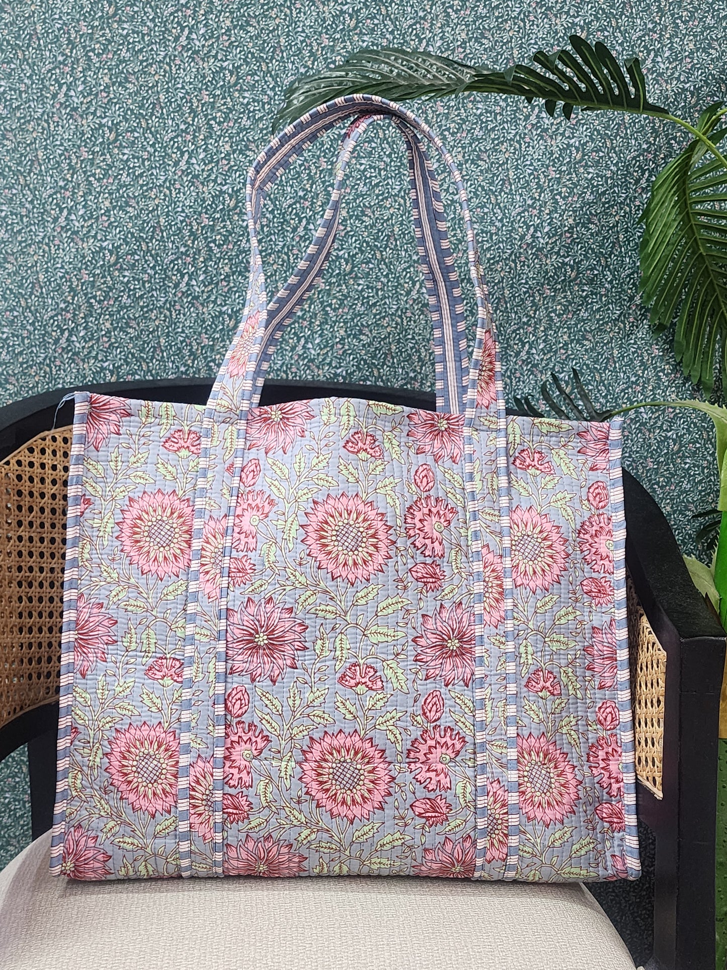 Handblock Printed Quilted Tote Bag without zip/button 17x18x 6 inches