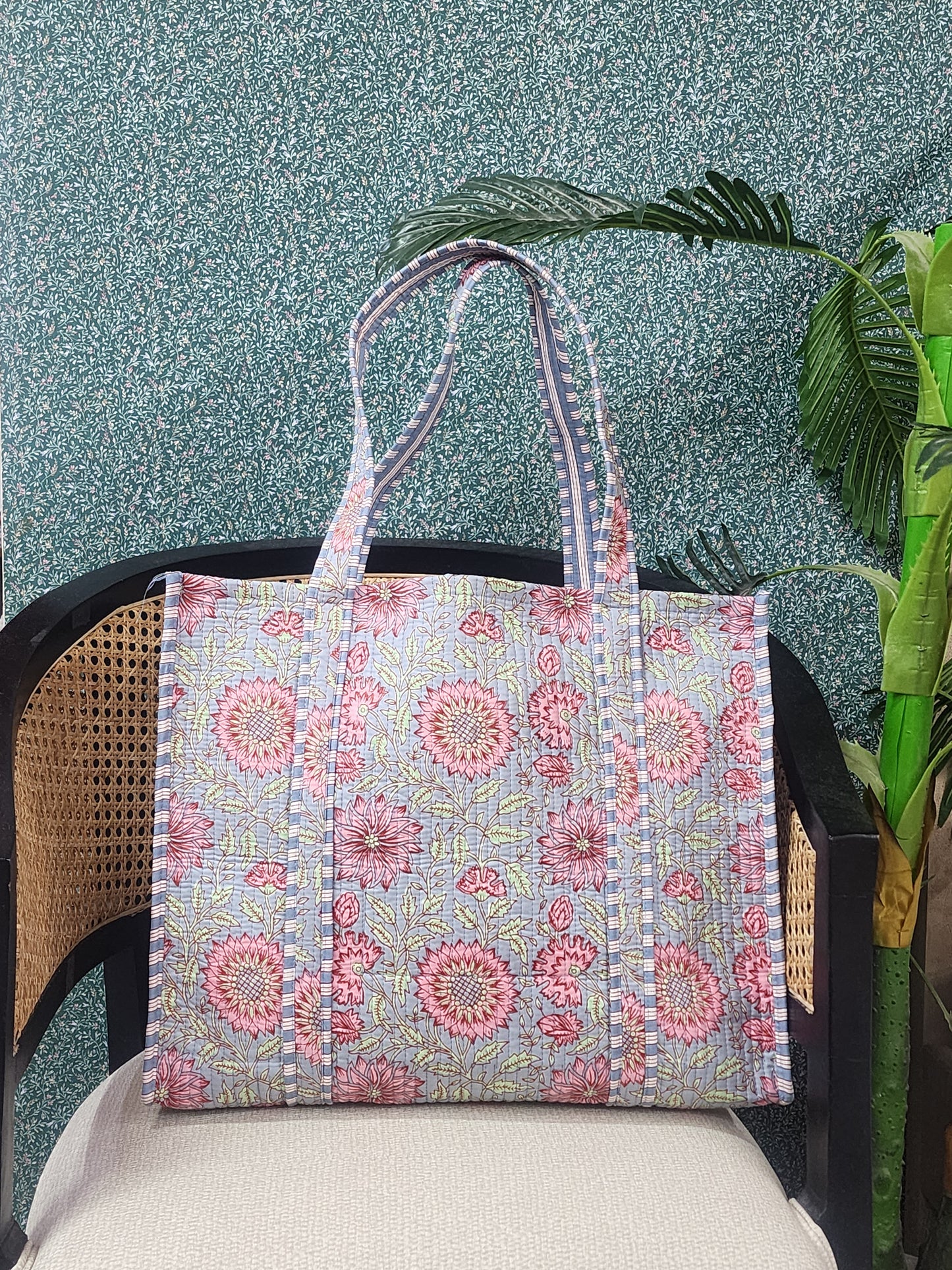 Handblock Printed Quilted Tote Bag without zip/button 17x18x 6 inches