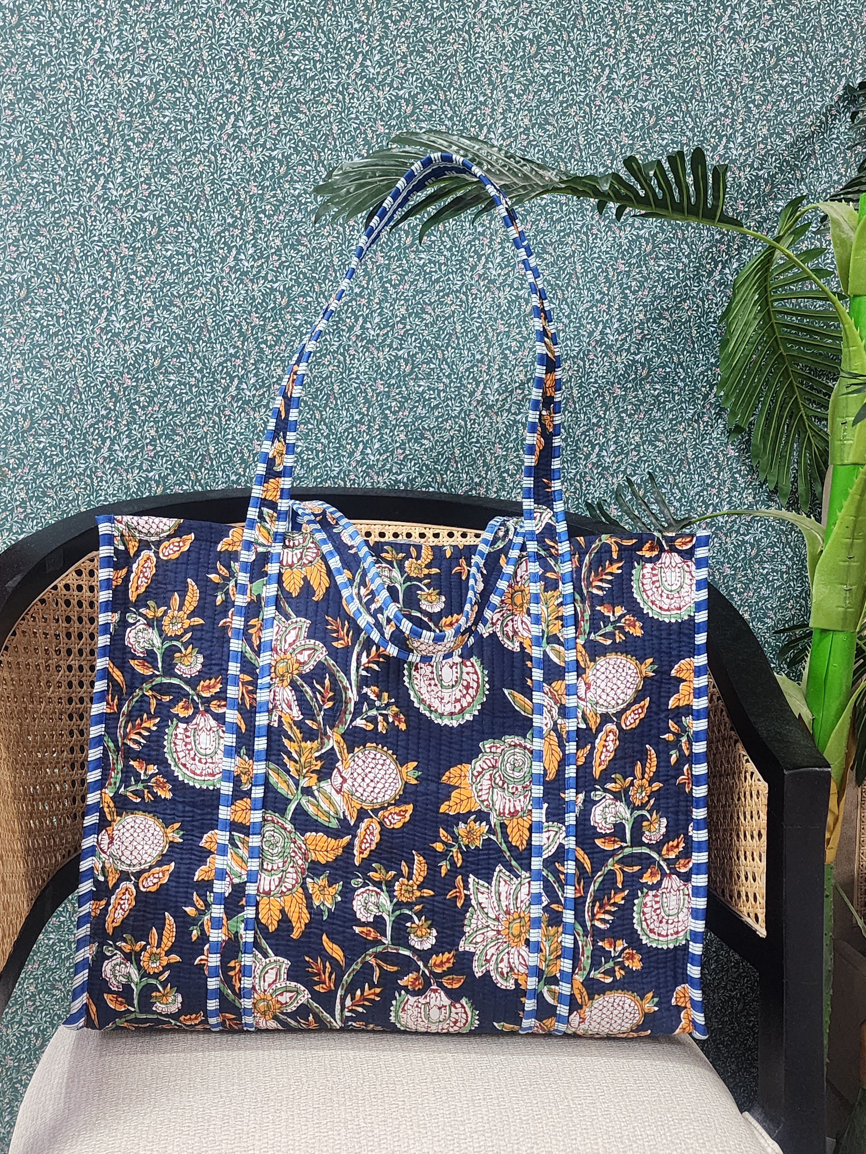 Handblock Printed Quilted Tote Bag without zip/button 17x18x 6 inches