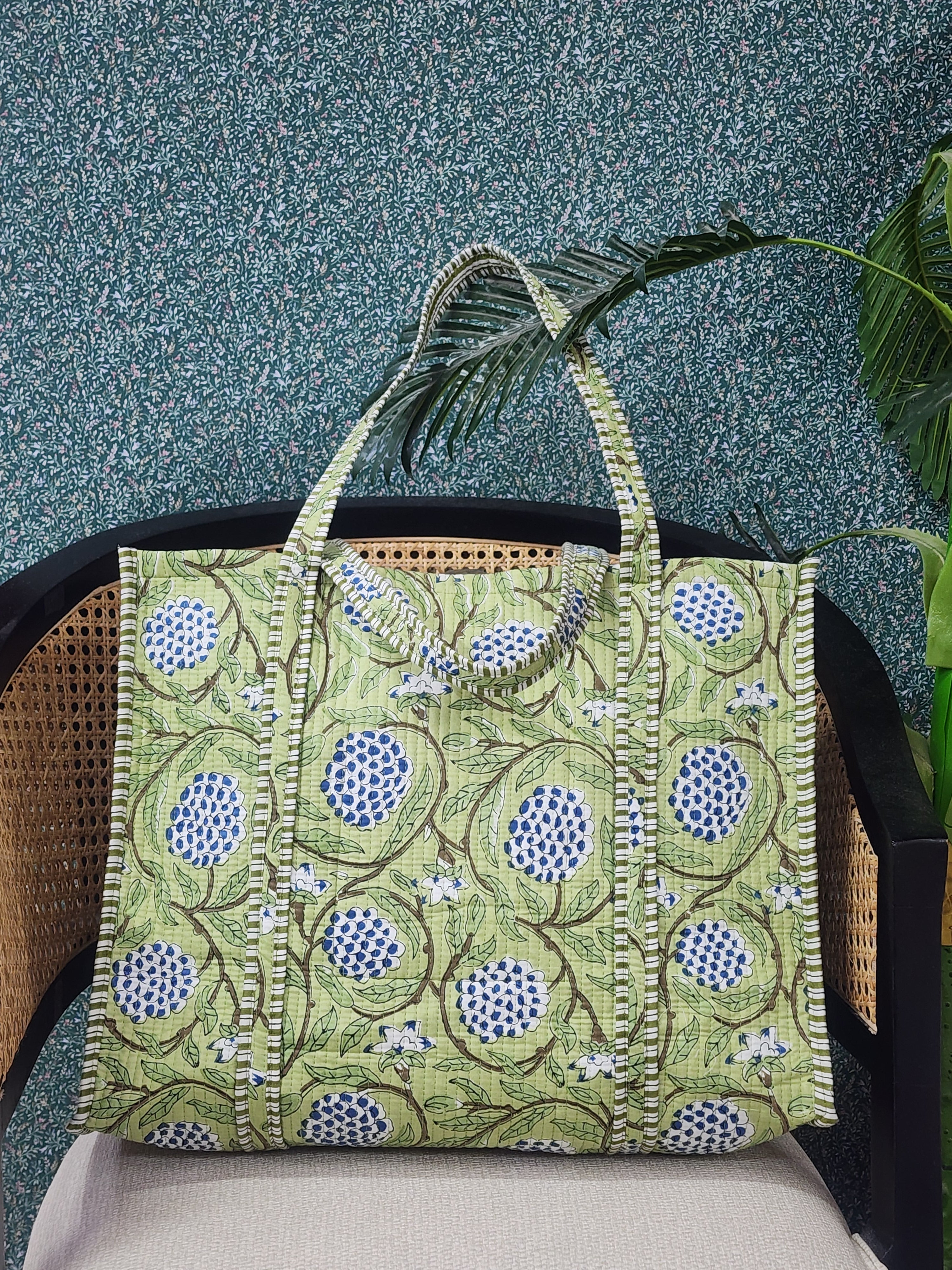 Handblock Printed Quilted Tote Bag without zip/button 17x18x 6 inches