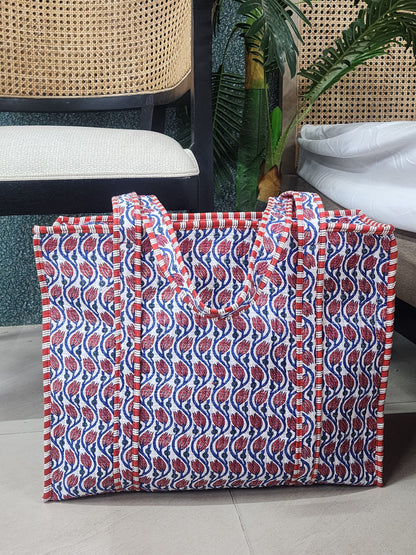 Handblock Printed Quilted Tote Bag with concealed zip ( 17x18x 6 inches)