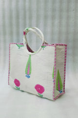 Handblock Printed Cotton Tote Bag with Unique Moon-Shaped Handle- 14x14x6 inches