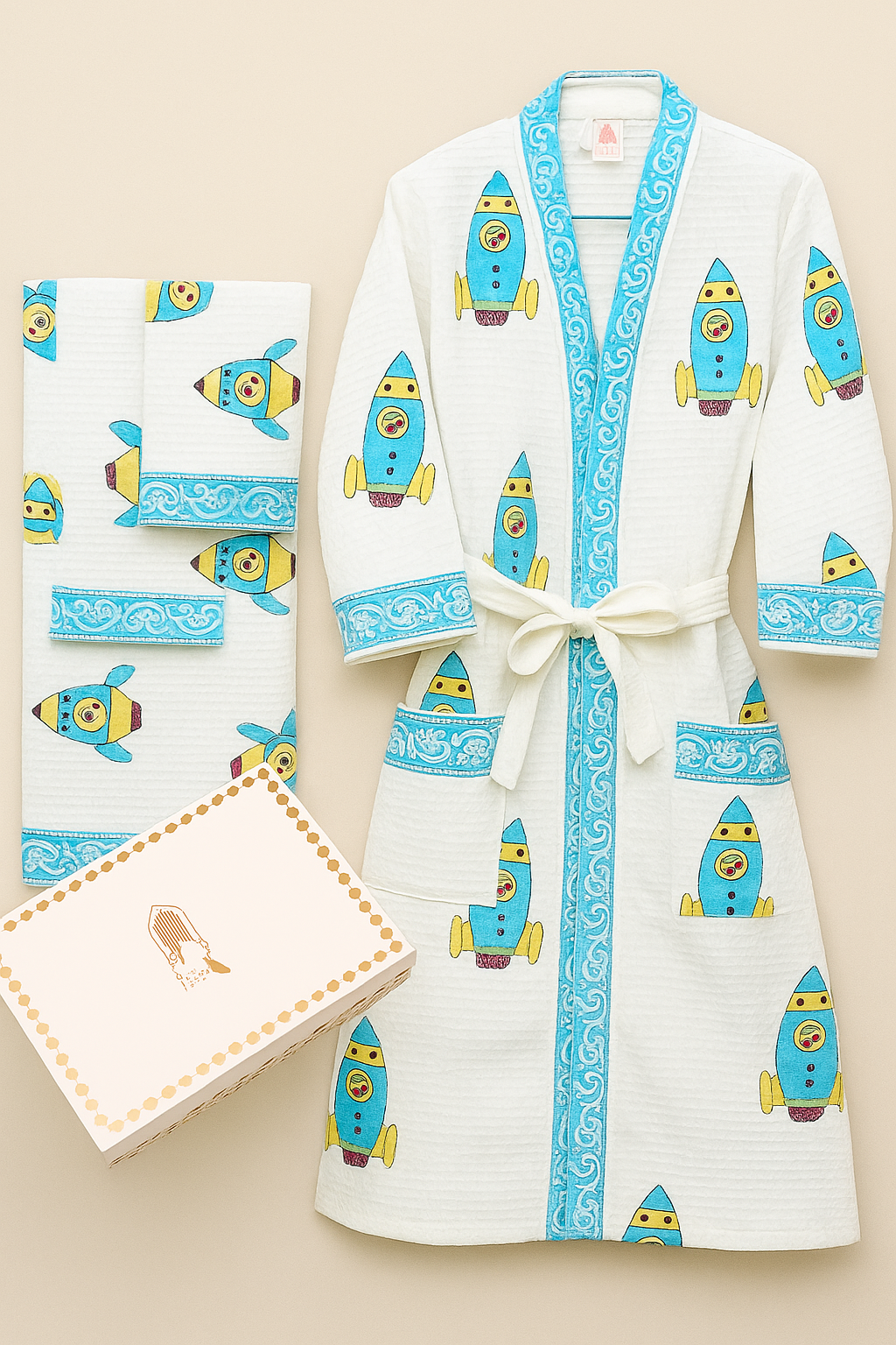 Handblock Printed Waffle Cotton Bathrobe Gift Box for Kids (4-13 Years) – Includes Bath Towel & 2 Hand Towels