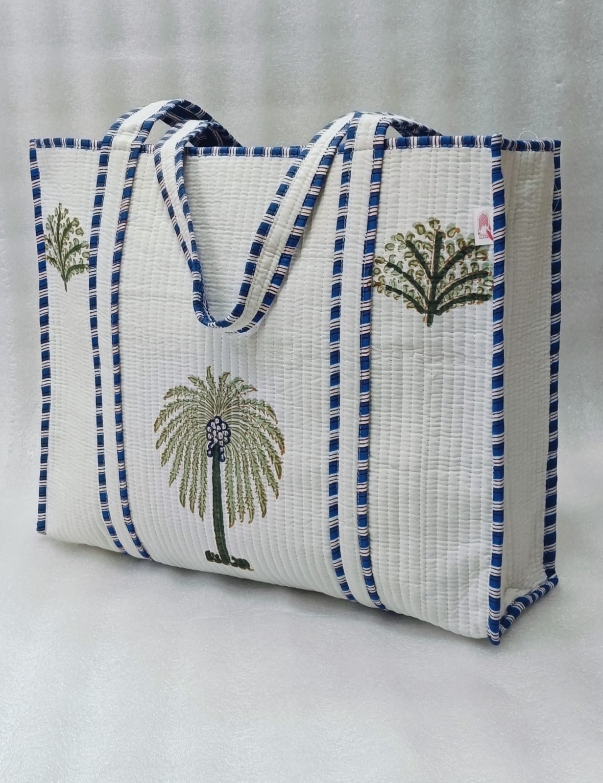 Classic White Block Printed Quilted Tote Bag without zip/button 17x18x 6 inches