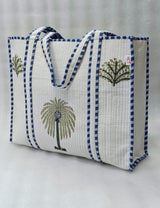 Classic White Block Printed Quilted Tote Bag without zip/button 17x18x 6 inches