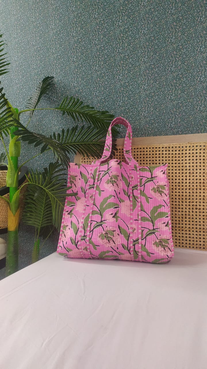 Handblock Printed Quilted Tote Bag without zip/button 17x18x 6 inches