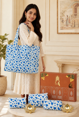 Diwali Gift Box Tote Bag with 3 Coordinated Utility Pouches with Gift Box with Set of 2 Metal Diyas