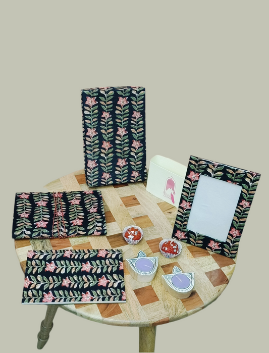 Gift Box with Work Desk Essential : 1 Diary, 1 Notepad, 1 Photoframe, 2 laddoo candles, 2 handblock candles