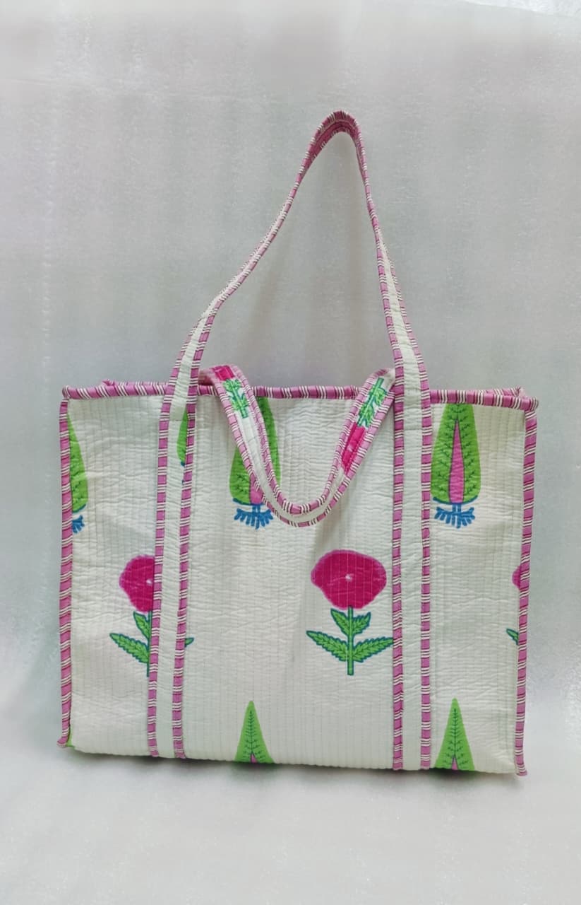 Handblock Printed Quilted Tote Bag with concealed zip ( 17x18x 6 inches)