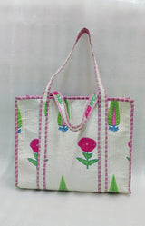 Handblock Printed Quilted Tote Bag with concealed zip ( 17x18x 6 inches)