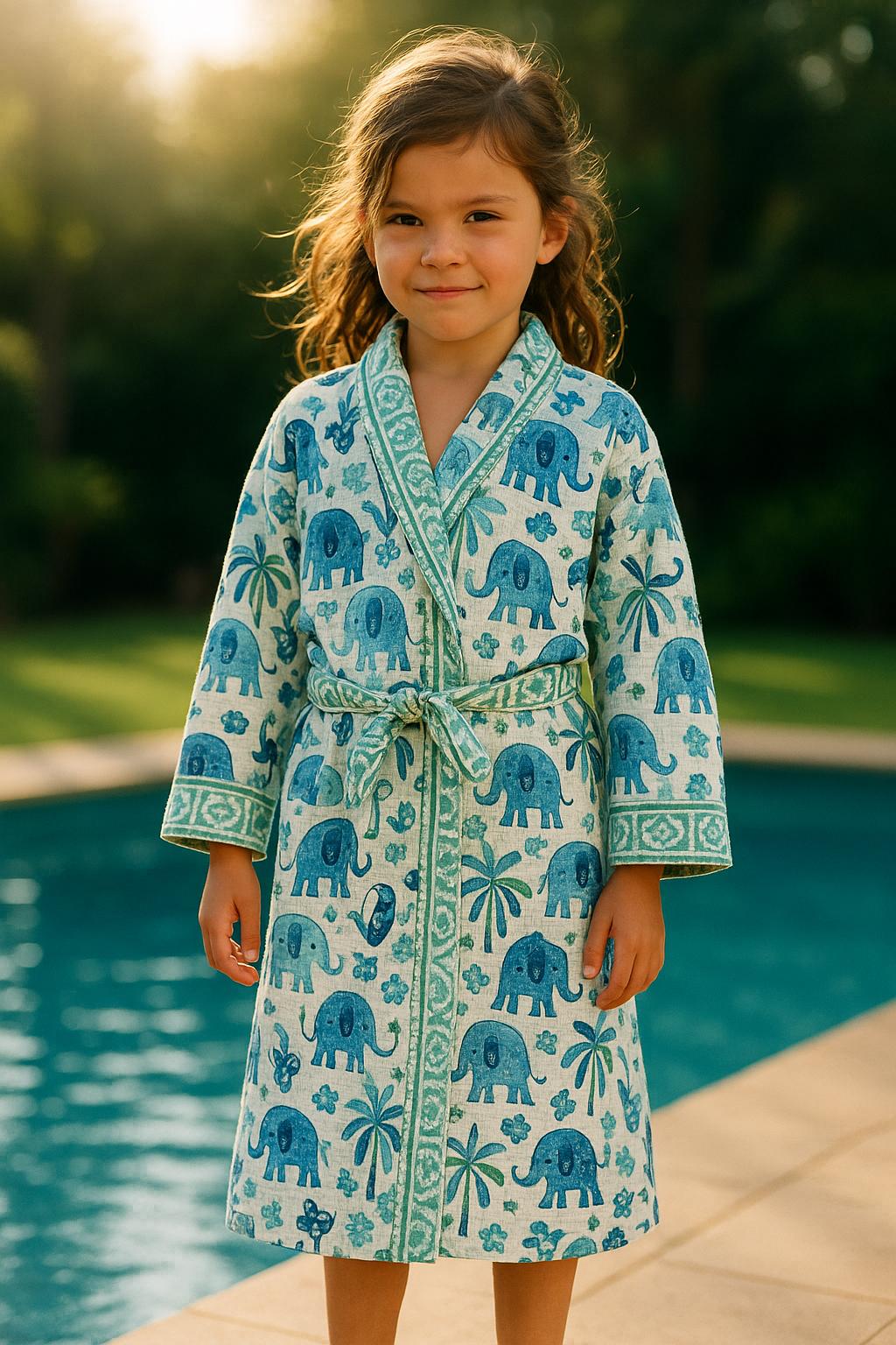 Handblock printed waffle cotton bathrobe for kids - 4-13 years old