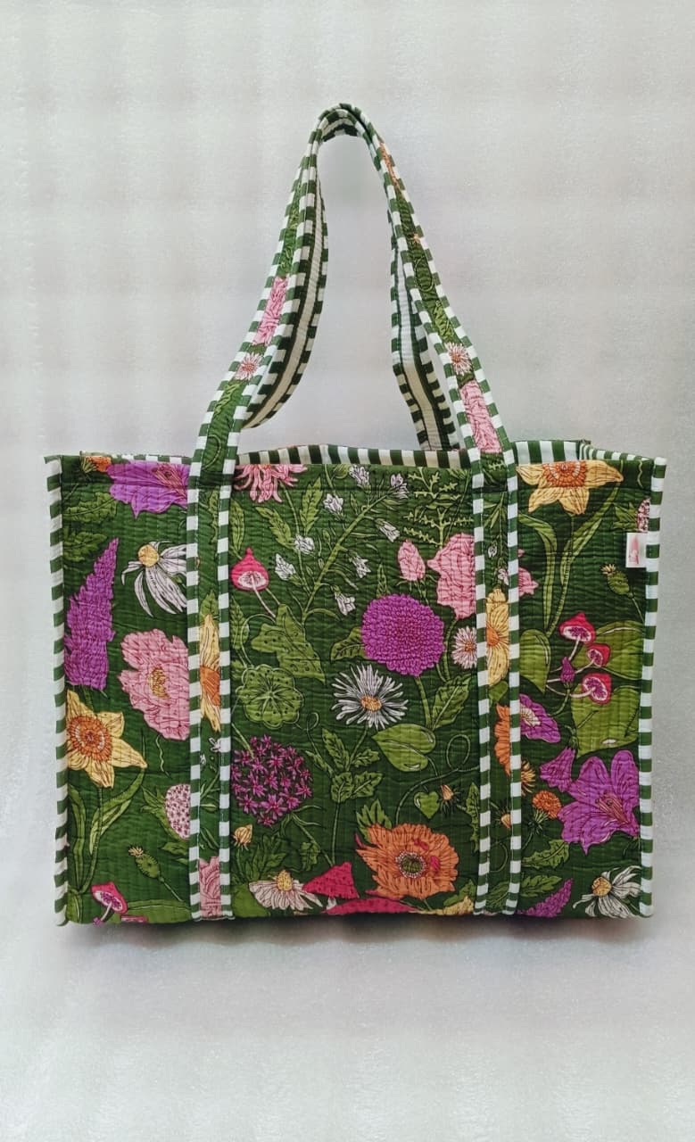 Handblock Printed Quilted Tote Bag without zip/button 17x18x 6 inches