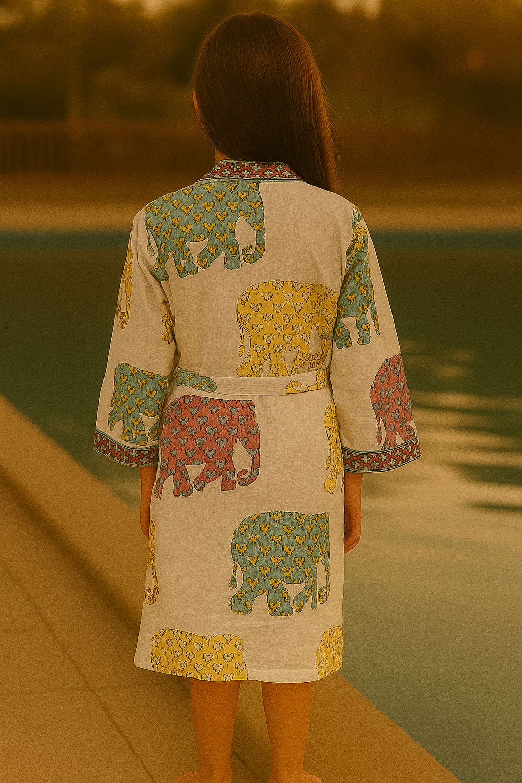Handblock printed waffle cotton bathrobe for kids - 4-13 years old