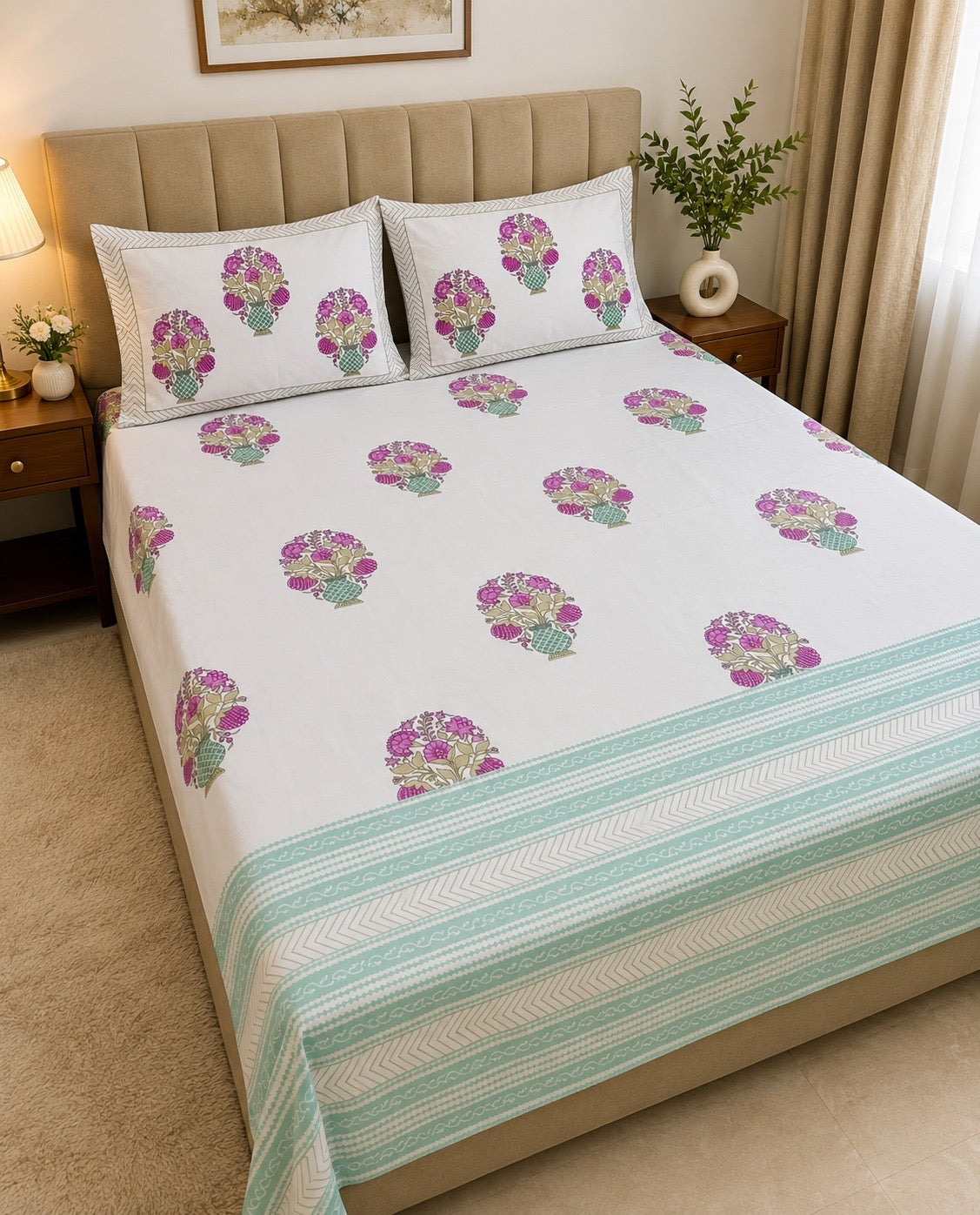Hand Printed Bedsheet Super King Size Gift Box | 1 Super King Double Bedsheet with 2 Pillow Covers