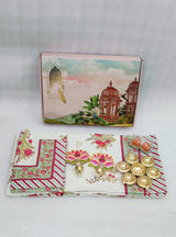 Diwali Gift Box | 1 Double Bedsheet, 1 Pair Door Hanging, 1 Metal Urli, 2 Laddoo Candles