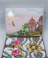 Diwali Gift Box | 1 Double Bedsheet, 1 Pair Door Hanging, 1 Metal Urli, 2 Laddoo Candles
