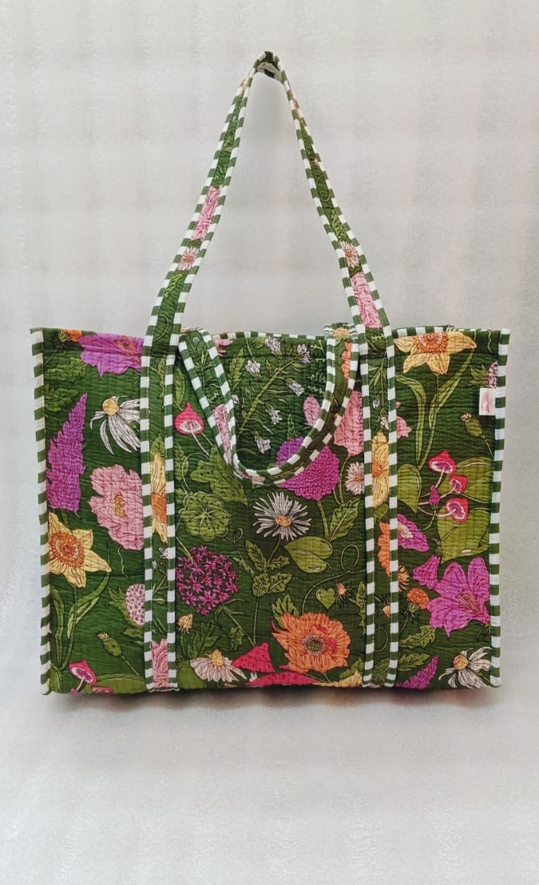 Handblock Printed Quilted Tote Bag without zip/button 17x18x 6 inches
