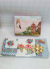 Diwali Gift Box | 1 Double Bedsheet, 1 Pair Door Hanging, 1 Metal Urli, 2 Laddoo Candles