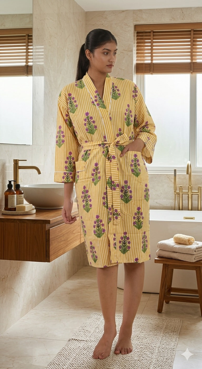 Cotton Kimono Handblock Printed Unisex Bathrobe - Free Size