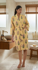Cotton Kimono Handblock Printed Unisex Bathrobe - Free Size