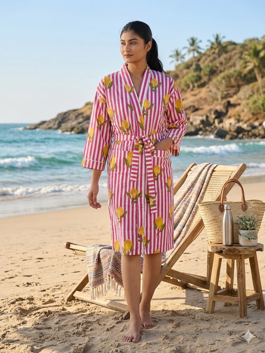Cotton Kimono Handblock Printed Unisex Bathrobe - Free Size