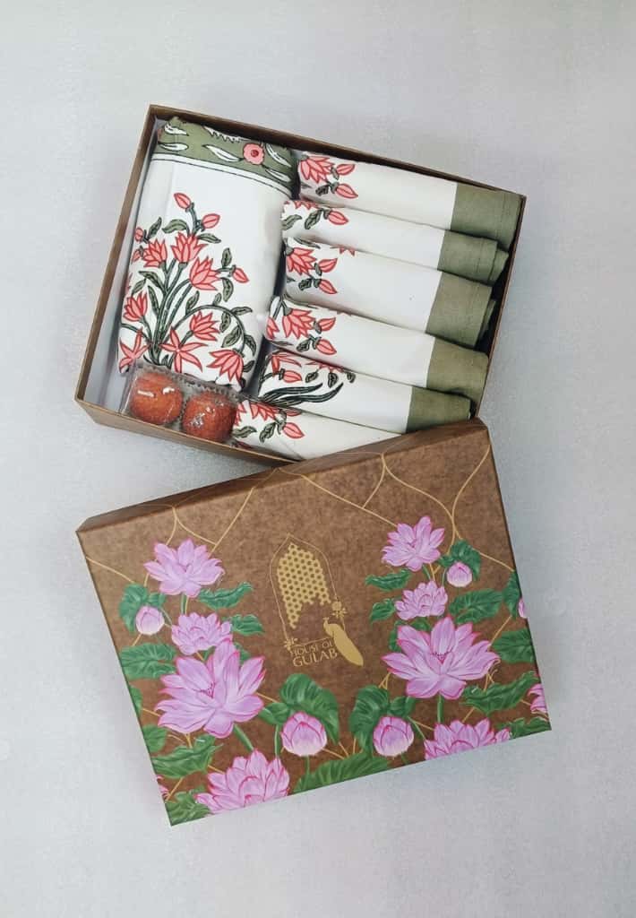 Diwali Gift Box with Handblock Printed Canvas Cotton Table Runner & Set Of 6 Mats, 2 laddoo candles