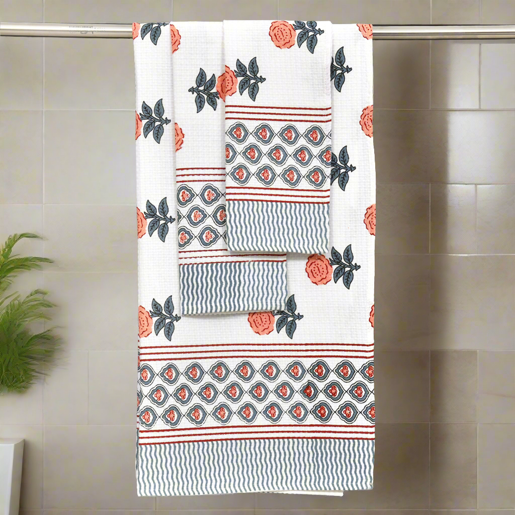 Gift Set - Handblock Printed Towels - 1 Bath + 2 Hand Towels