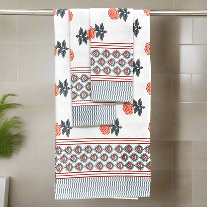 Gift Set - Handblock Printed Towels - 1 Bath + 2 Hand Towels