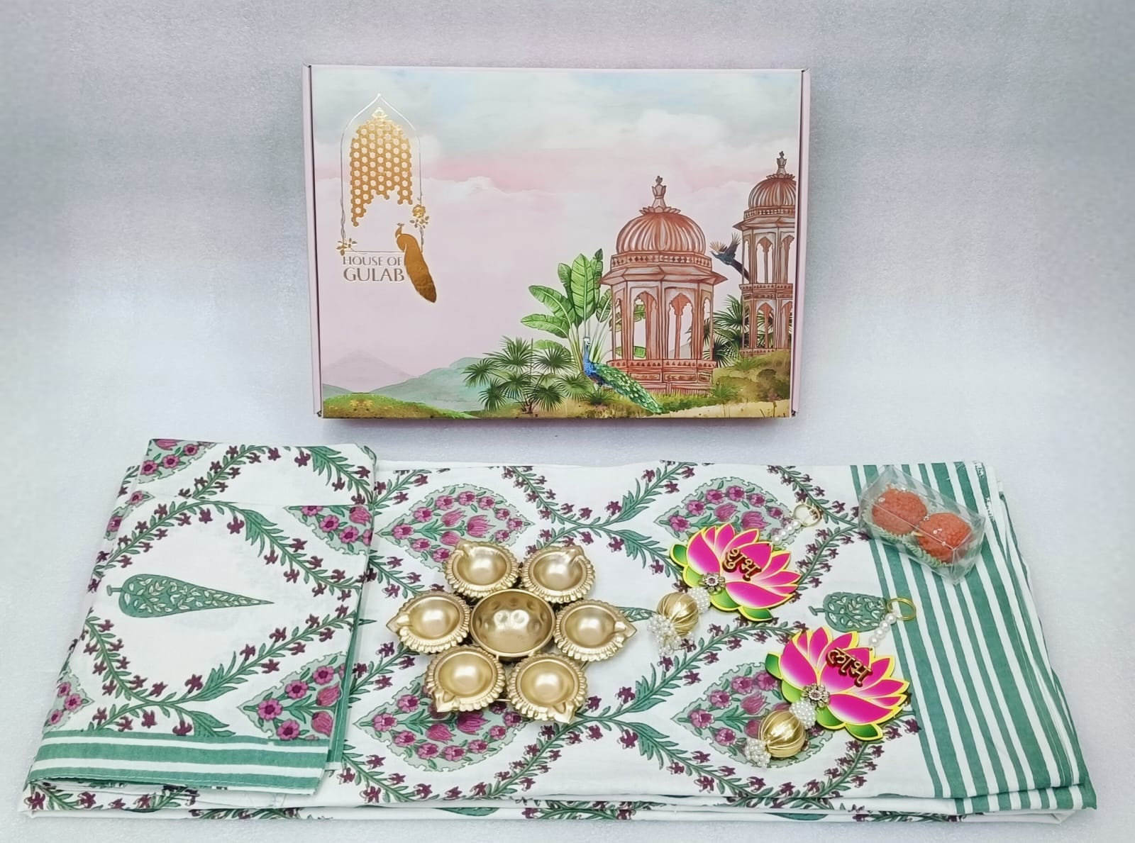Diwali Gift Box | 1 Double Bedsheet, 1 Pair Door Hanging, 1 Metal Urli, 2 Laddoo Candles