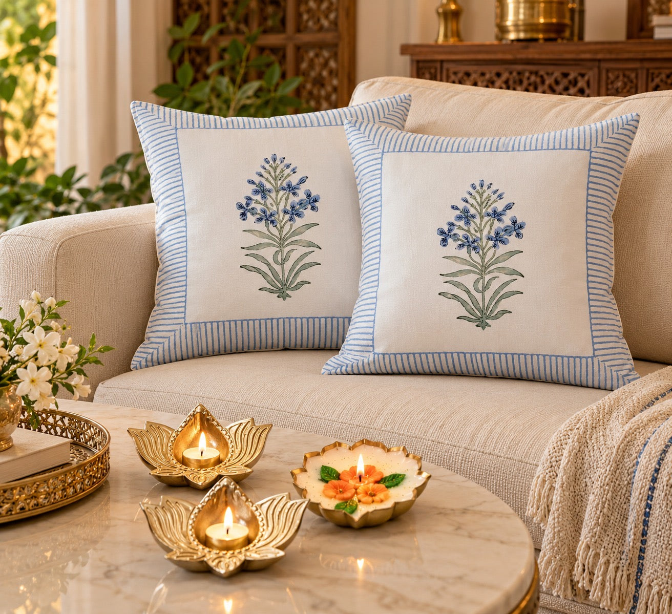Diwali Home Décor Gift Box with 2 Cushion Covers, 1Handmade Floral Soy Wax Candle & 2 Metal Diyas