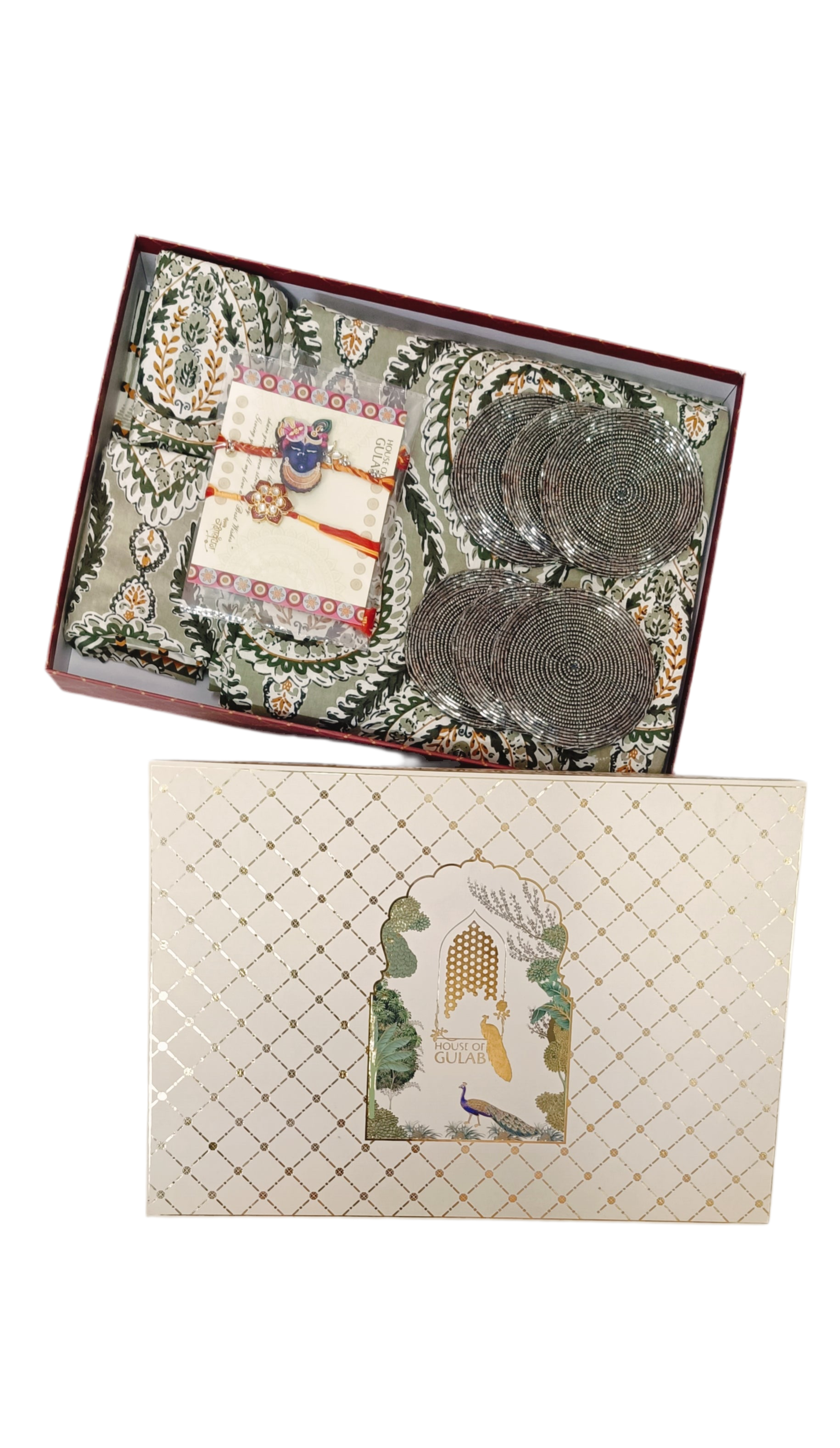 Diwali Gift Box – Double Cotton Bedsheet, 2 Rakhi & 6 Beaded Coasters