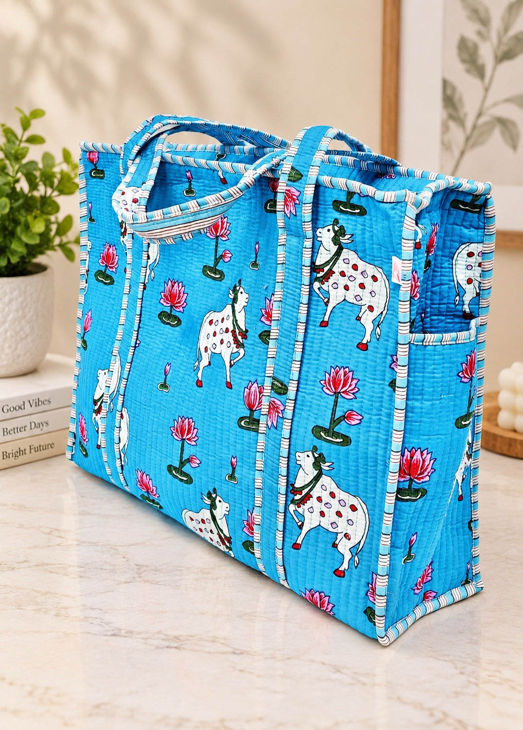 Handblock Printed Quilted Tote Bag with concealed zip ( 17x18x 6 inches)