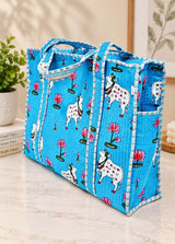 Handblock Printed Quilted Tote Bag with concealed zip ( 17x18x 6 inches)