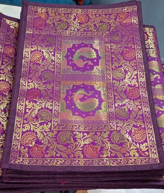 Diwali Gift Box with Banarasi Zari Table Runner, Set Of 6 Mats, 6 coaster, 6 inch Metal Urli