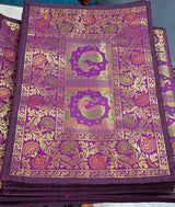 Diwali Gift Box with Banarasi Zari Table Runner, Set Of 6 Mats, 6 coaster, 6 inch Metal Urli