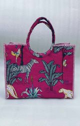 Handblock Printed Cotton Tote Bag with Unique Moon-Shaped Handle- 14x14x6 inches