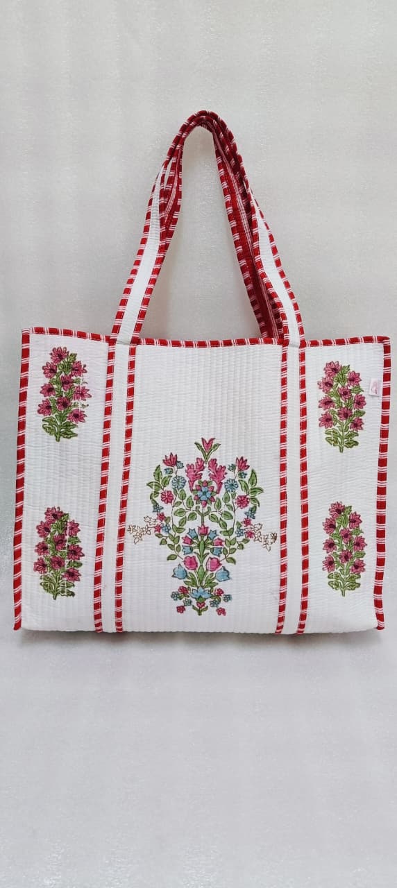 Classic White Block Printed Quilted Tote Bag without zip/button 17x18x 6 inches