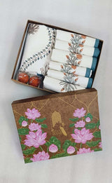 Diwali Gift Box with Handblock Printed Canvas Cotton Table Runner & Set Of 6 Mats, 2 laddoo candles