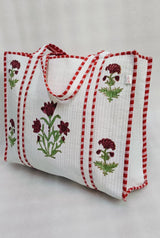 Classic White Block Printed Quilted Tote Bag without zip/button 17x18x 6 inches