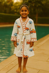 Handblock printed waffle cotton bathrobe for kids - 4-13 years old