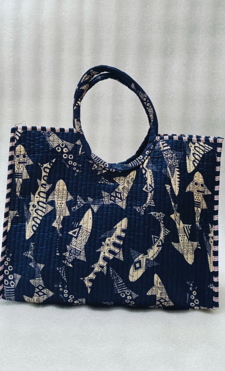 Handblock Printed Cotton Tote Bag with Unique Moon-Shaped Handle- 14x14x6 inches