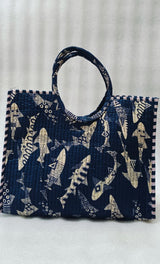 Handblock Printed Cotton Tote Bag with Unique Moon-Shaped Handle- 14x14x6 inches