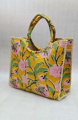 Handblock Printed Cotton Tote Bag with Unique Moon-Shaped Handle- 14x14x6 inches