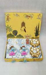 Diwali Gift Box | 1 Super Soft Percale Bedsheet, 1 Pair Door Hanging, 2 Metal Diyas, 2 Laddoo Candles