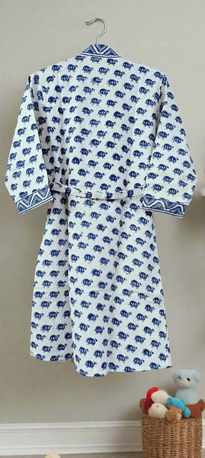 Handblock printed waffle cotton bathrobe for kids - 4-13 years old