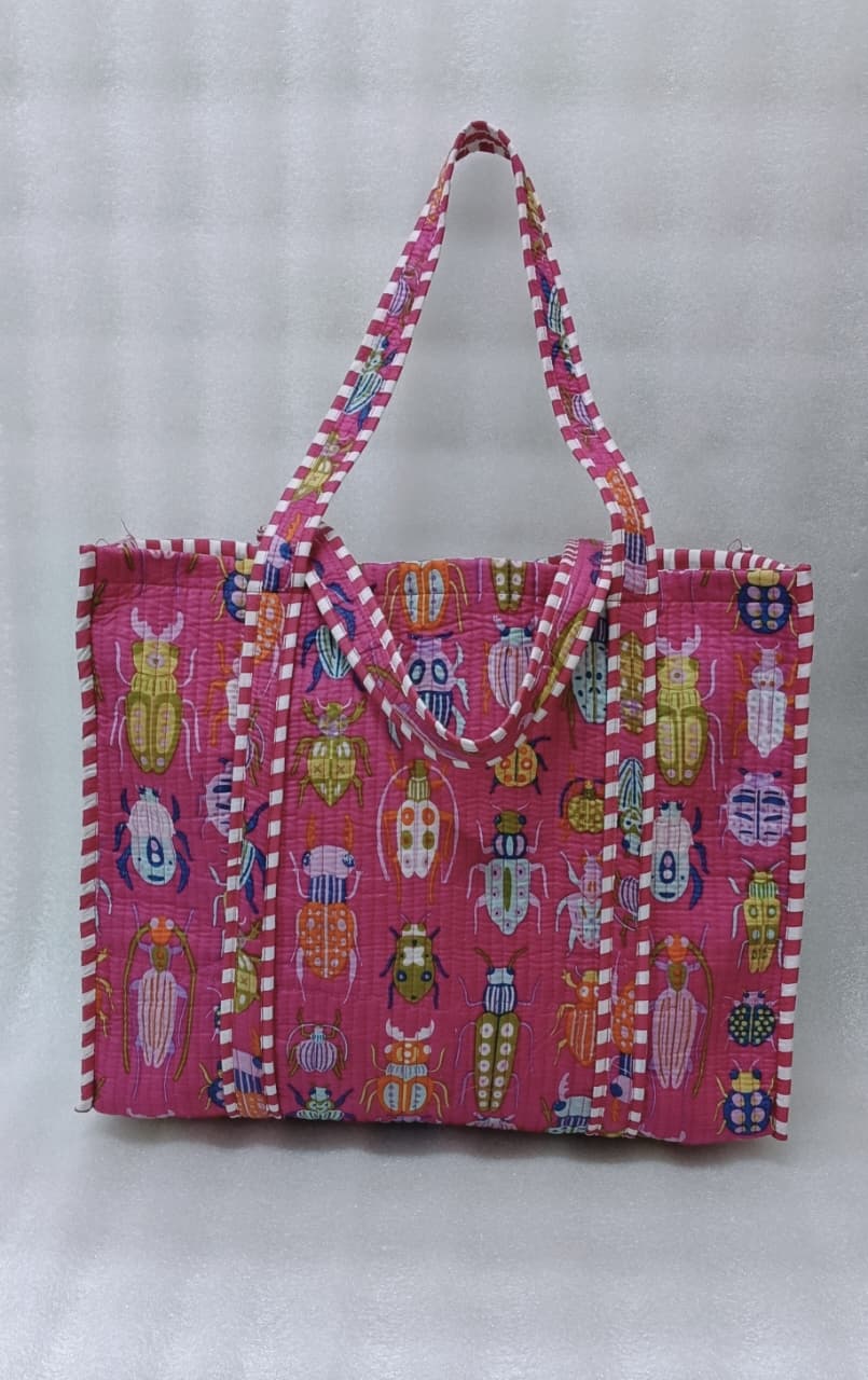 Handblock Printed Quilted Tote Bag without zip/button 17x18x 6 inches