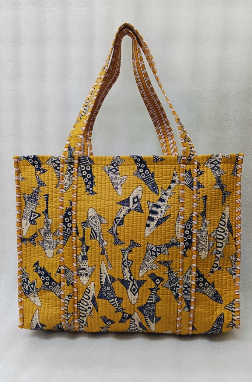 Handblock Printed Quilted Tote Bag without zip/button 17x18x 6 inches