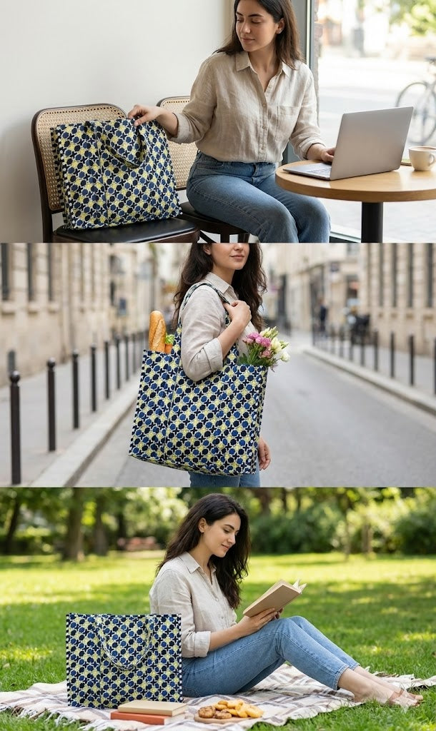 Structured Tote Bag without zip - 100% cotton Handblock printed 17x18x6 inches