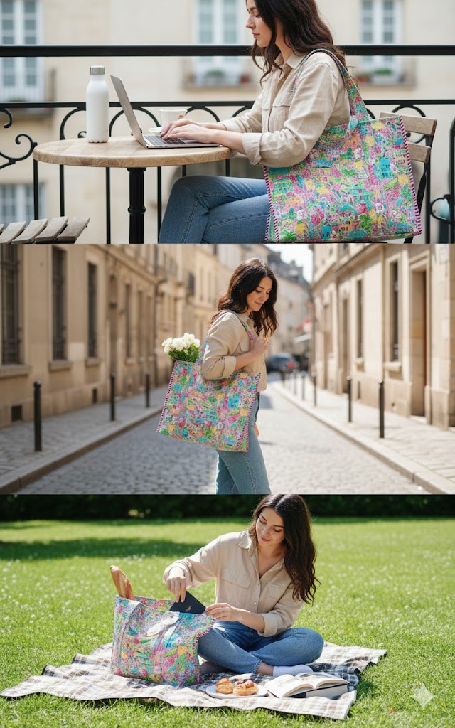 Structured Tote Bag without zip - 100% cotton Handblock printed 17x18x6 inches